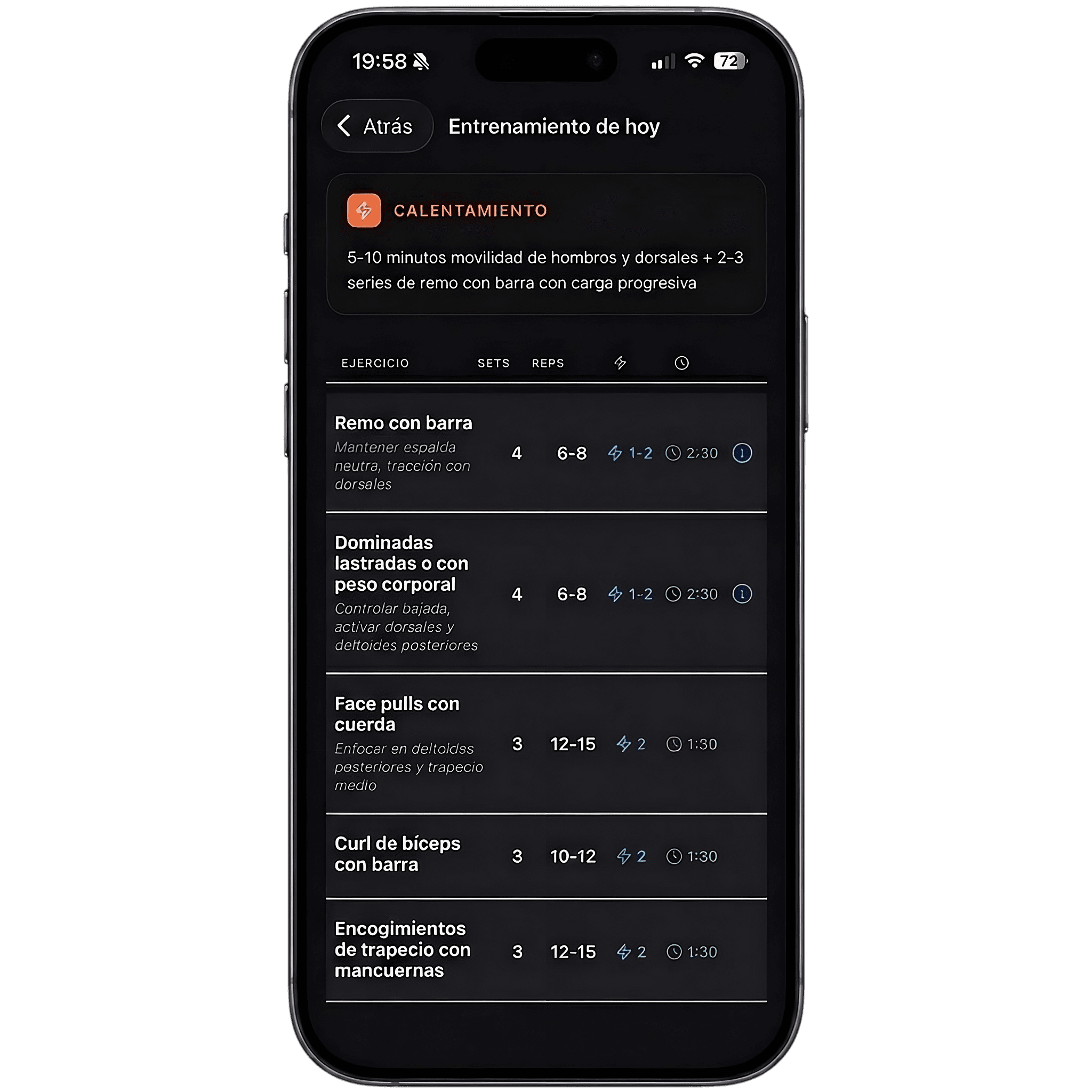 Pantalla de Evolute con la rutina de entrenamiento del día generada por IA