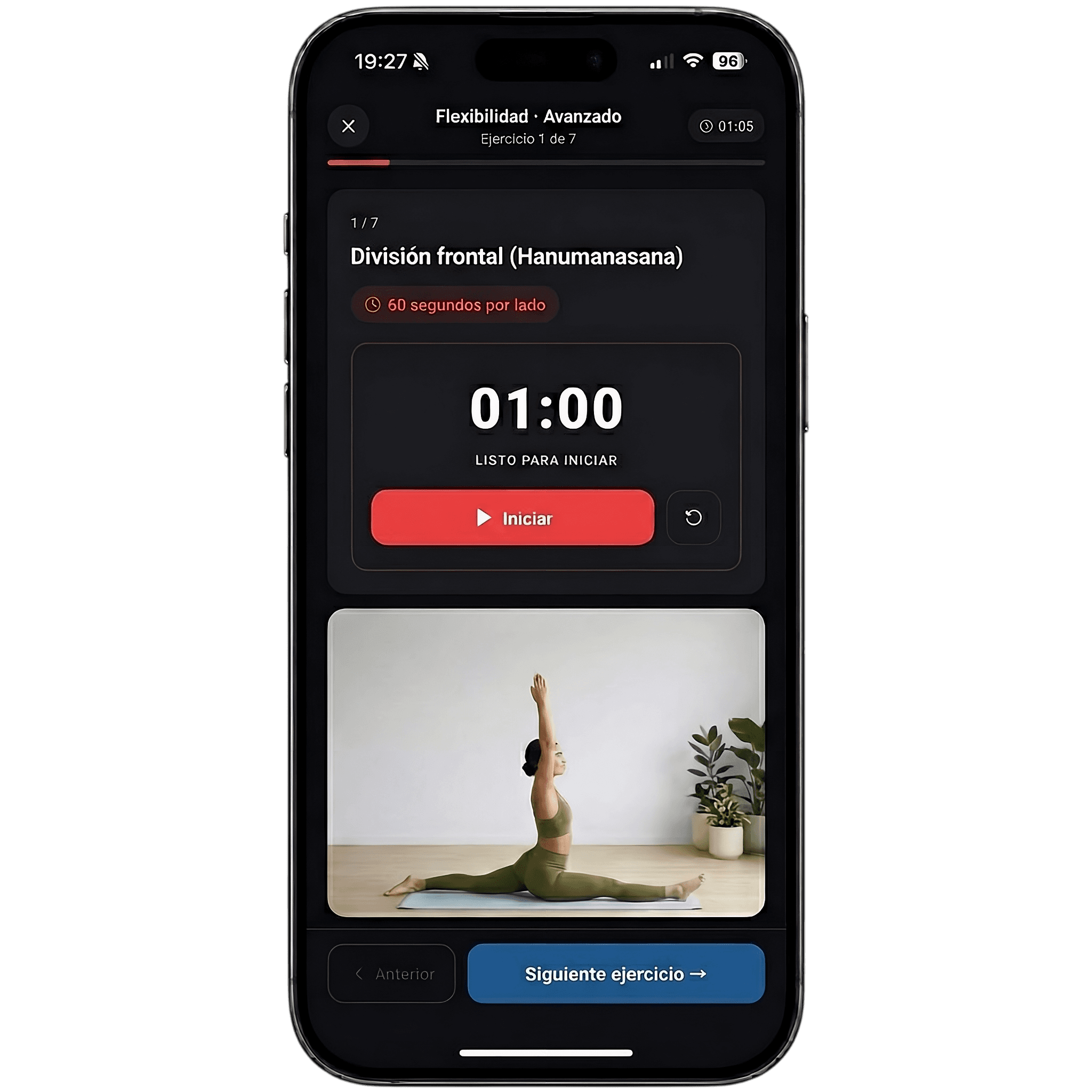 Pantalla de Evolute con una sesión guiada de flexibilidad, pilates y yoga
